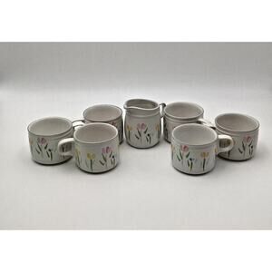 Flat CUPS Studio Nova Villager FRESH MINT JFOO4 White w/Floral/Gray Rim. Set.